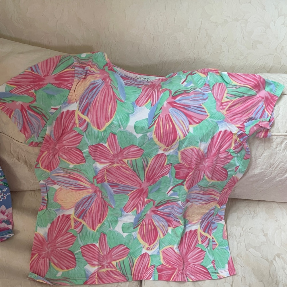 Talbots Pink and Green Floral Short Sleeve Top